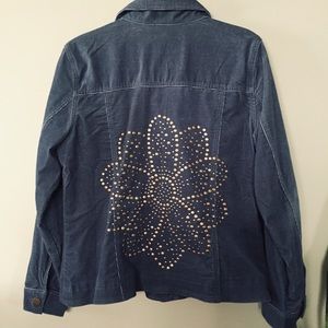 Blue lightweight Corduroy Brass studded flower jacket DG2 Diane Gilman Medium